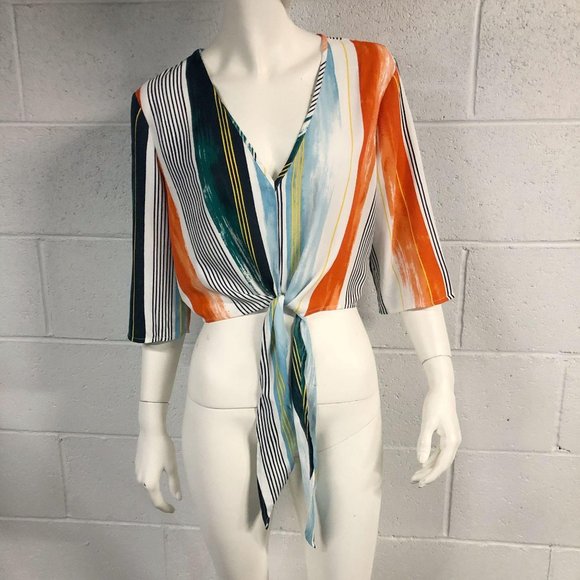 Womens NWT BCBGMAXAZRIA Stripe Tie Front Crop Top - Picture 2 of 9